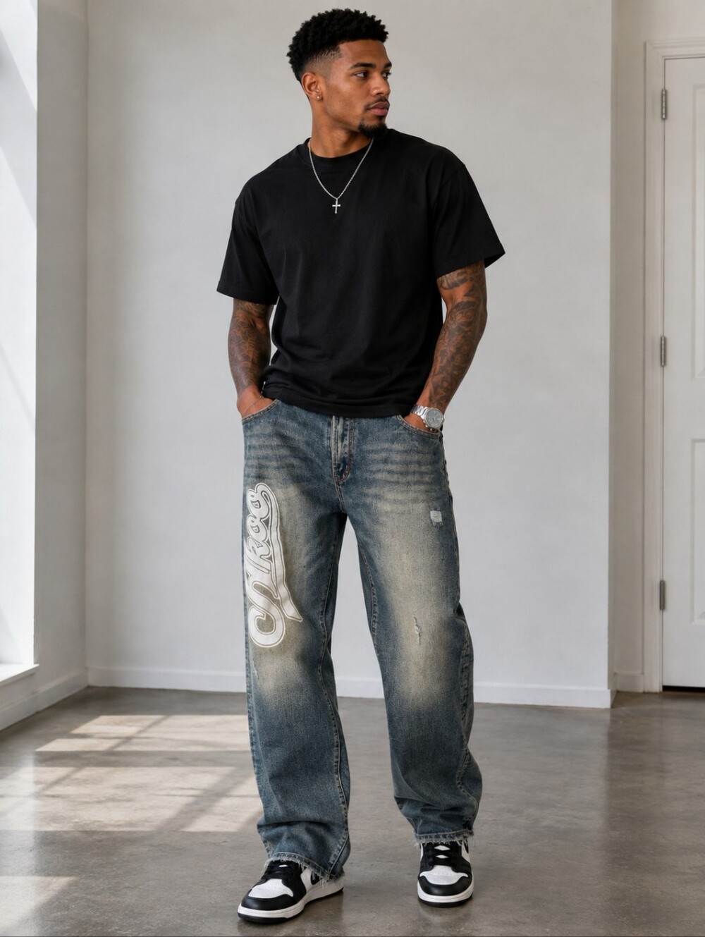 Akoo Men's Relaxed Fit Washed Blue Jeans with Script Detail